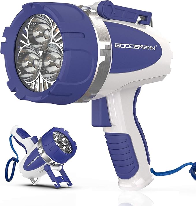 GOODSMANN Rechargeable Handheld Spotlight LED Boat Waterproof Spot Light Searchlight up to 3000 Lumen Portable Marine Flashlight with USB Adapter Car Charger Dust Bag for Hunting Camping Exploring