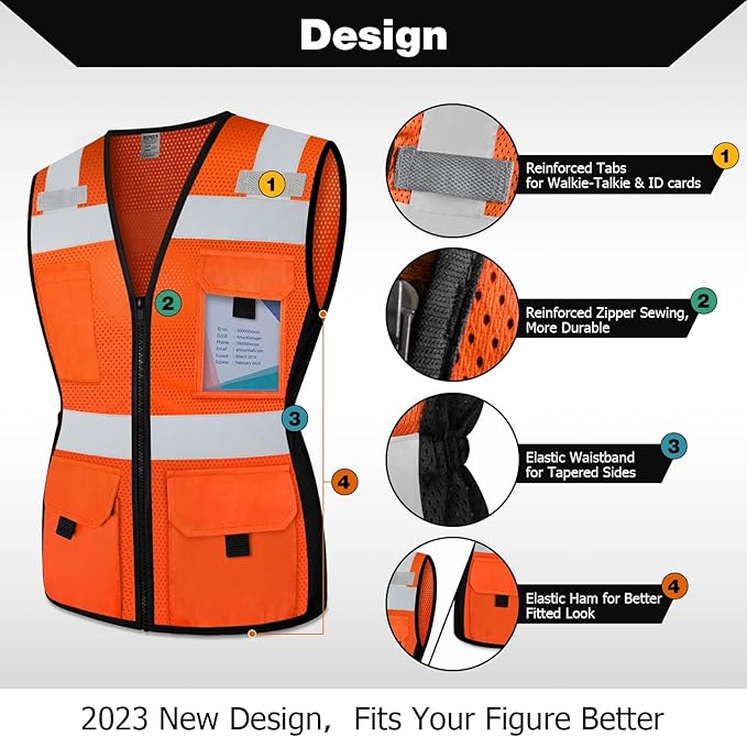 TCCFCCT Safety Vest for Women 11 Pockets Mesh Reflective Vest with Zipper, High Visibility Neon Construction Work Vest for Lady Surveyors/Warehouse, Snug-Fit, Durable, ANSI Compliant, Orange XXL