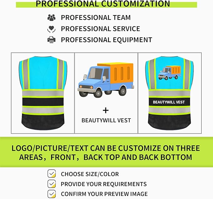 BeautyWill Custom Logo Safety Vest Class 2 High Visibility Reflective Vest for Men - Personalized Logo Team Vest