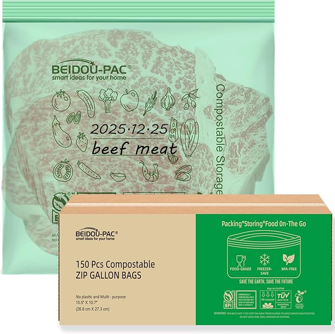 Compostable Gallon Food Storage Freezer Bags, 150 Count | 2 Mil | 10.5" * 10.7", Freshness Easy Open Biodegradable Eco-Friendly Reclosable Compost Zippper Bags