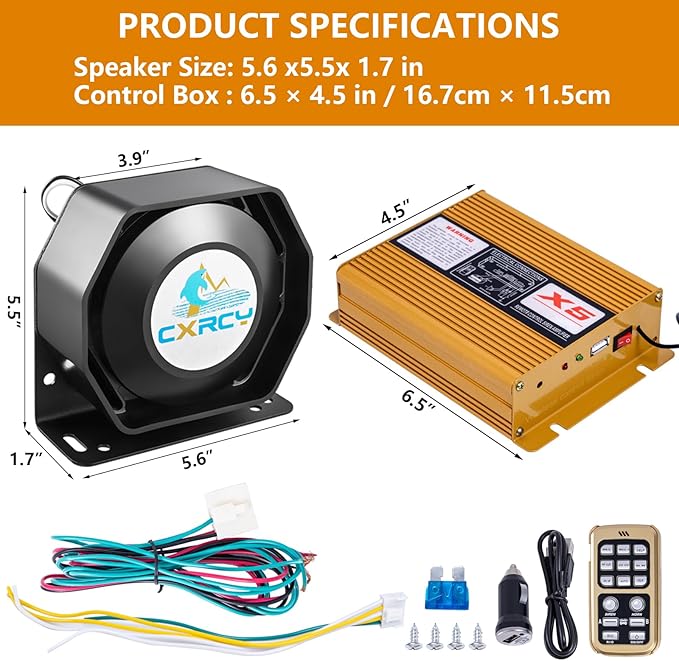 Alarm Horn Siren 12V 200W Car PA System Slim Speaker Sirens [18 Tones] [120-130dB][Wireless Mic] CXRCY Emergency Warning Siren for Vehicles Tow Truck UTV ATV Van Car POV RV