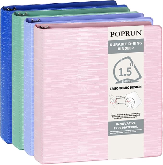 POPRUN 3 D Ring Binder 1.5 Inch, PVC-Free, Holds 375 Sheets of 8.5 x 11 Paper, Extra Durable Organizer with 2 Pockets for School & Office, Heavy-Duty, 4 Pack, Multicolor