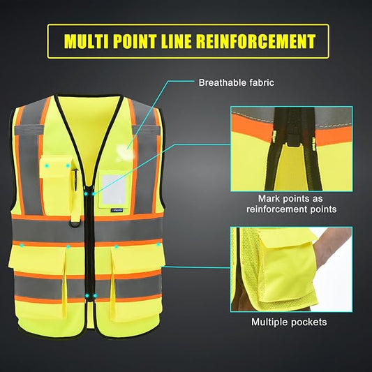 AYKRM Security Vest for Men Women 7 Pockets High Visibility Reflective Safety Vest Front Zipper Meets ANSI/ISEA
