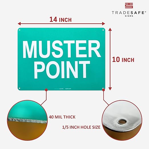 TRADESAFE Muster Point Sign - Quick Install Aluminum Safety Sign, Light Reflective, UV-Resistant, Waterproof, 14” X 10” Emergency Evacuation Area Signs for Business