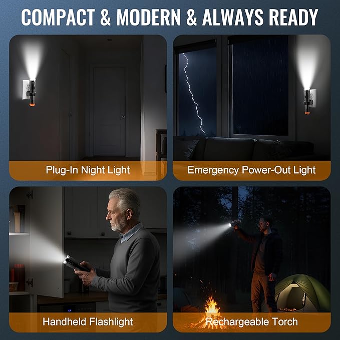 4 in 1 Plug in Emergency Flashlight Rechargeable LED Night Light with Motion Sensor for Power Outage Home Safety Portable Work Light Removable Torch for Camping and Indoor Use(2 Pack)