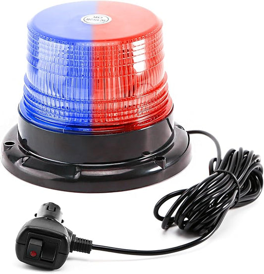 1-Pcs Red/Blue LED Beacon Lights 12-24V Warning Safety Flashing Emergency Roadside Strobe Mini Light Bar with Magnetic Base for Police Snow Plow Truck Vehicles Forklift Tractor