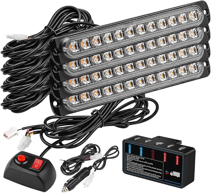7 Inch LED Warning Safety Flashing Beacon Lights Kit, 4Pcs 12 LEDs Strobe Light Flashing Warning for All 12V-24V Vehicle off-road Truck SUV ATV Forklift Tractor Fire Engine (Blue)
