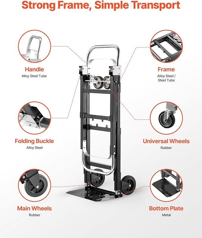 VEVOR 3 in 1 Folding Hand Truck, 500 lbs Load Capacity for 4-Wheel Mode, Convertible Hand Truck Dolly with Wheels & Adjustable Handle, Portable Trolley Dolly for Moving Home, Office, Warehouse