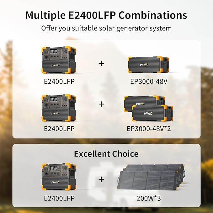 Pecron E2400LFP Power Station with 3072Wh Extra Battery and 200W Solar Panel*3, 2048Wh Portable Solar Generator for RV Travel, Camping, Home Use, CPAP, 2400W AC/100W USB-C Output