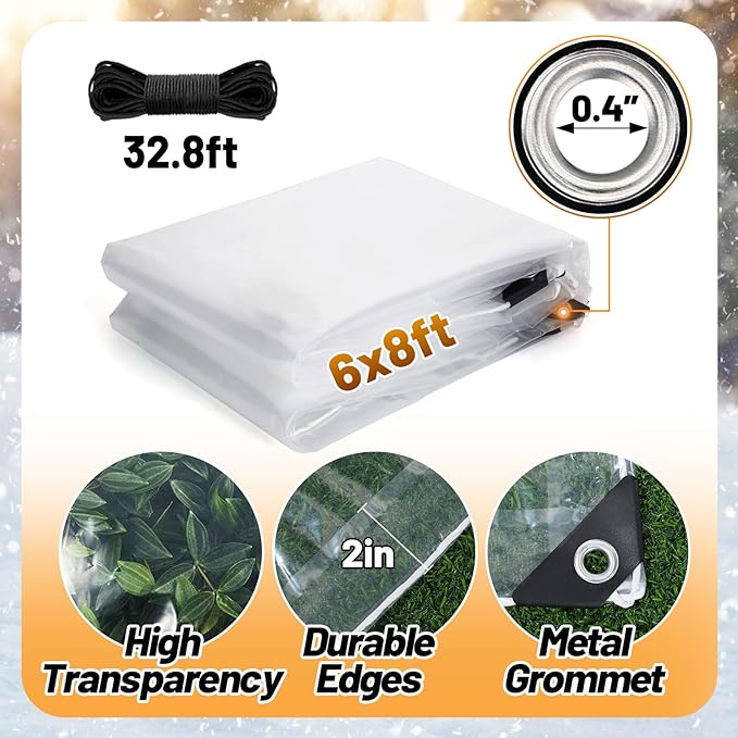 6x8ft Anti-Tear Clear Tarp Waterproof for Patio Winterizing - 5 mil Snowproof & Windproof Clear Plastic Tarps with Grommets for Garden Enclosure Chicken Coop