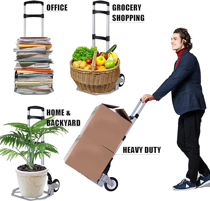 Folding Hand Truck Portable Foldable Dolly Cart Aluminum Luggage Cart Trolley Cart Black MAX Load 180 lbs, with Black Bungee Cord, Telescoping Handle,Solid Aluminium Wheel suspensions, Double Bearings