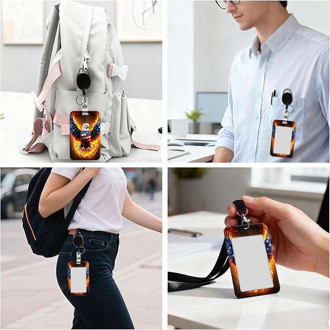 ID Badge Holder with Retractable Lanyard for Women & Men,Vertical ID Card Holder Wallet,Clear Window&Card Slot,Detachable Neck Strap for Nurse Teacher Office,Flame American Flag Eagle