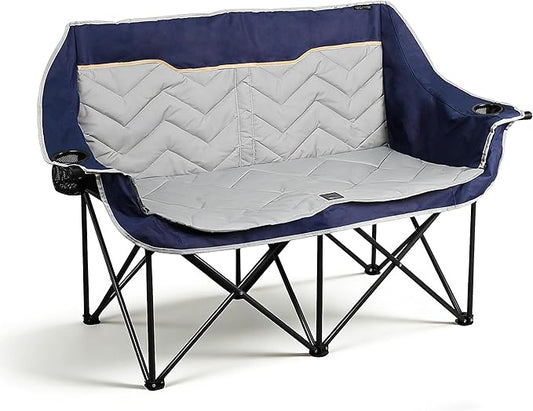 Double Camping Chair, Padded Loveseat Camping Couch, Oversized 2 Person Camp Chairs with Carry Bag,Heavy Duty Folding Lawn Chair for Adults Portable Outdoor Folding Sofa for Patio Backyard, Blue