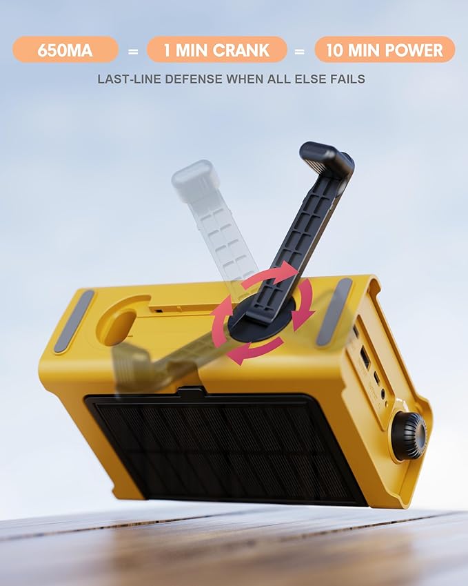 Emergency Weather Radio – NOAA/AM/FM Portable Solar & Hand Crank Radio with LED Flashlight, Reading Lamp, USB Phone Charger, SOS Alarm – Survival Gear for Hurricanes, Storms & Power Outages (Yellow)