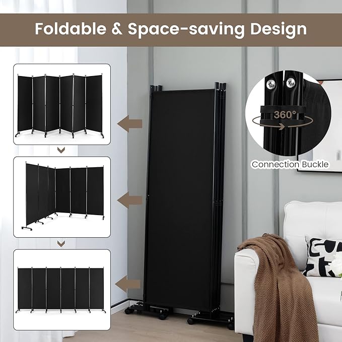 Giantex 6 Panel Room Divider, 132''W x 68''H Large Folding Privacy Screen, Rolling Partition Room Dividers for Home Office Studio Separation, Freestanding Fabric Wall Divider Screen on Wheels, Black