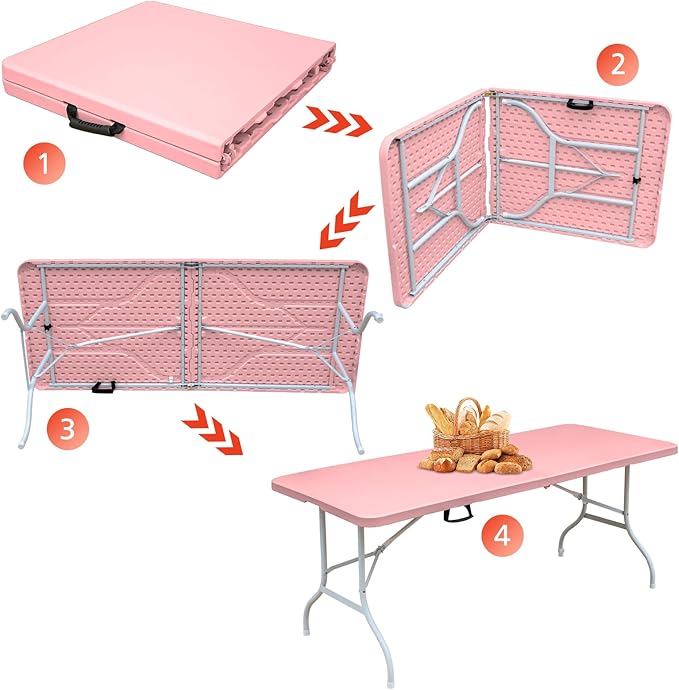 Portable 6Ft Plastic Folding Table, Heavy Duty 6ft Fold-in-Half Table with Carrying Handle, 6' Folding Utility Foldable Table for Picnic Party Camping Kitchen, Indoor/Outdoor (White)