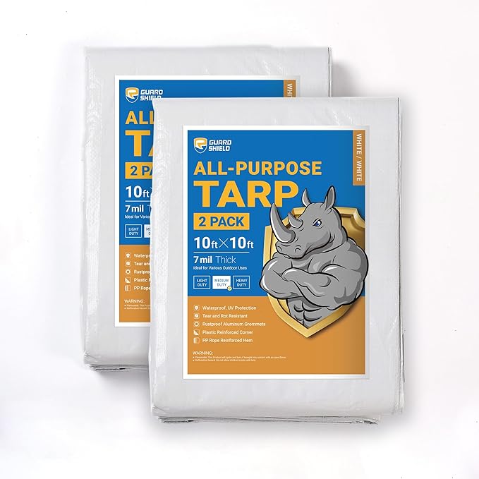 GUARD SHIELD White Tarp 10x10 Feet Medium Duty All Purpose Poly Tarps Cover 7mil (2-Pack)