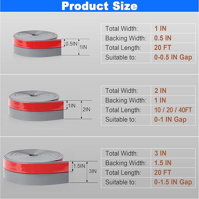ToLanbbt Weather Stripping Silicone Door Seal Strip 2 in x 20 ft Door Draft Stopper Self Adhesive Door Draft Tape, Side & Bottom Gaps Insulation Strip for Glass Shower Door Sliding Door Window, Gray