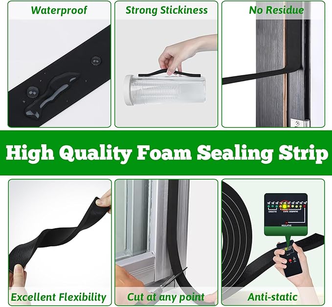 Weather Stripping Door Seal Black,1Inch Wide X 1/4 Inch Thick,Air Conditioner Window Seal,Self Adhesive Foam Tape High Density Foam Sealing Strip,Soundproof Tape Roll,2 Rolls Total 32.8Ft