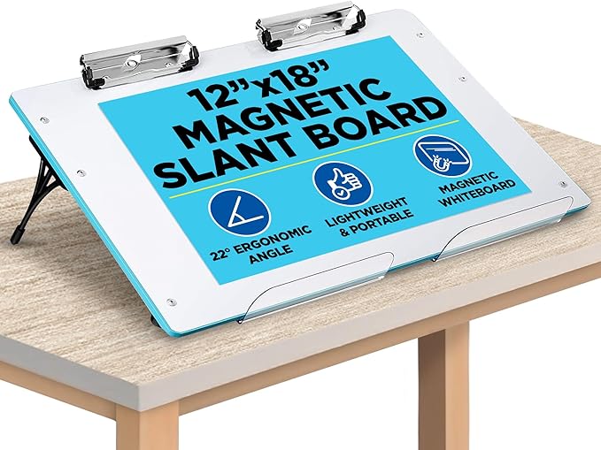 Slant Board for Writing – Adjustable Magnetic Whiteboard & 22° Angle Ergonomic Desk for Reading, Writing, Drawing and Studying – Portable Tabletop Stand for Students and Teachers - Blue