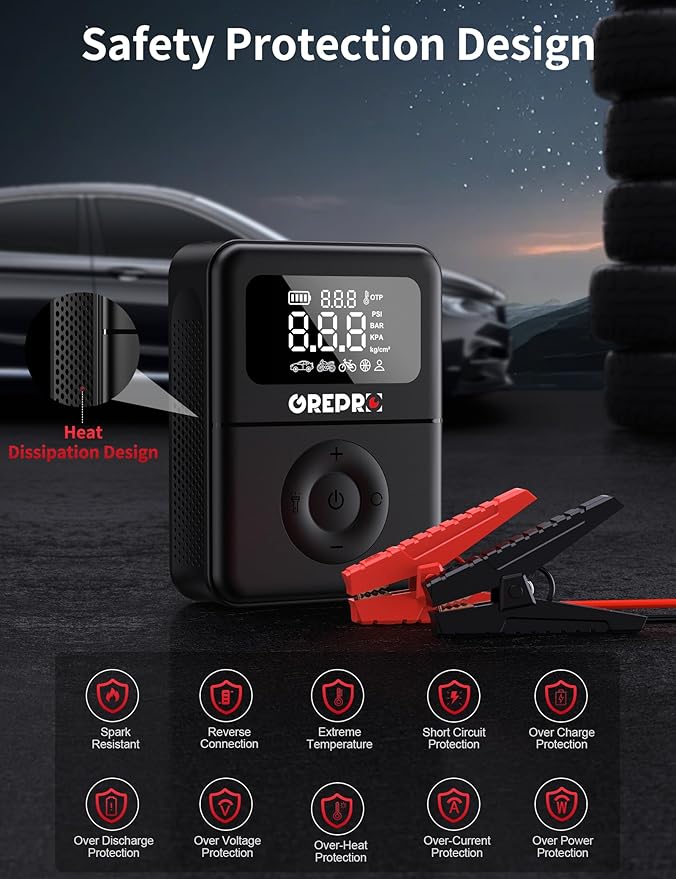 GREPRO Jump Starter with Air Compressor, 5000A Battery Jumper Starter Portable(9.0L Gas/7.0L Diesel),150PSI Tire Inflator 12V Car Battery Booster with Jumper Cables, Digital Display, LED Flashlight