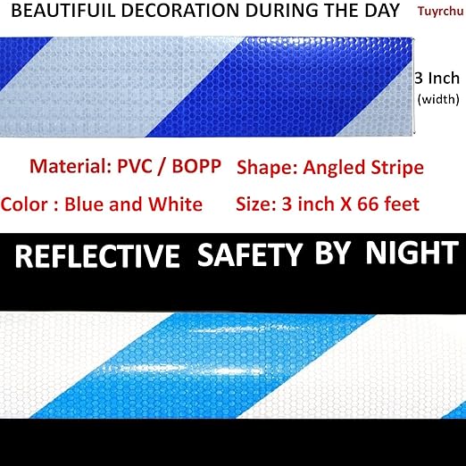 Blue and White Reflective Tape Outdoor Waterproof 3 inch X 66 feet, High Visibility Hazard Conspicuity Safety Industrial Marking Tape