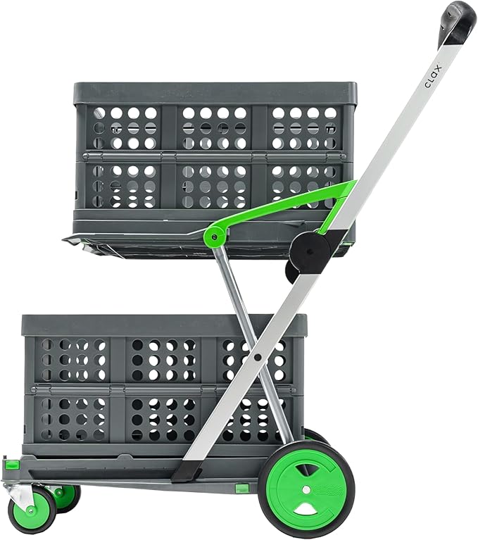 CLAX® The Original | Made in Germany | Multi Use Functional Collapsible Carts | Mobile Folding Trolley | Storage Cart Wagon | Shopping Cart with 2 Storage Crates (Green)