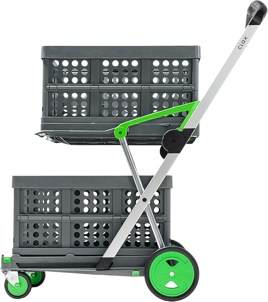 CLAX® The Original | Made in Germany | Multi Use Functional Collapsible Carts | Mobile Folding Trolley | Storage Cart Wagon | Shopping Cart with 2 Storage Crates (Green)