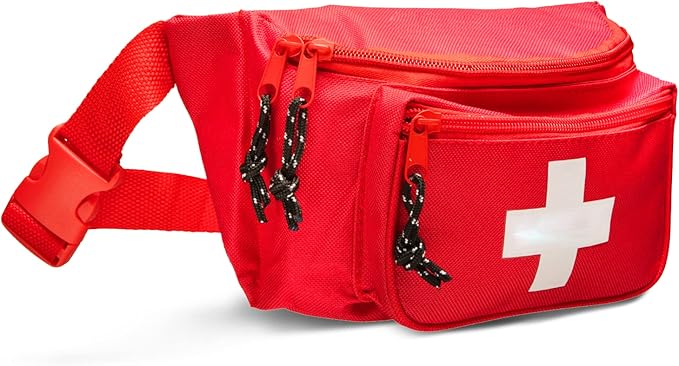 NOVAMEDIC First Aid Fanny Pack Stocked with 75 Piece Emergency Essentials, 8"x2"x6", Waist Bag w/ 3 Zippered Compartments & Adjustable Strap for Lifeguard, Hiking, Travel Men & Women, Durable, Red