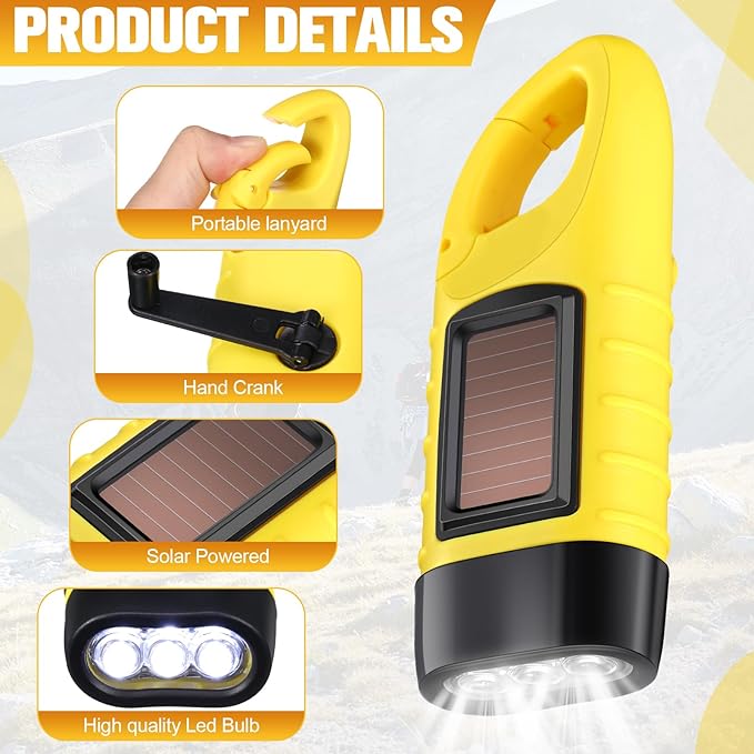 Leelosp 2 Pieces Hand Crank Flashlight Solar Powered Flashlight for Emergencies Dynamo Rechargeable LED Survival Light for Outdoor Sports Hiking Camping (Yellow)