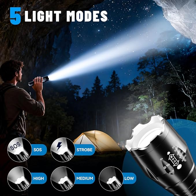 VIBELITE LED Flashlight High Lumens, 5 Modes Zoomable Waterproof Tactical Flashlight for Hiking, Camping Emergency, Stocking Stuffers & Christmas Gifts for Men, Dad, 2 Pack