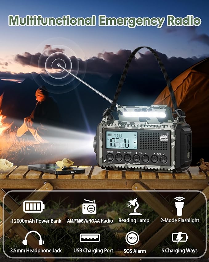 Emergency Radio, Real 12000mAh Long Lasting, Hand Crank for Emergency Power, AM/FM/SW/ 7 NOAA Weather Bands,SOS, Cell Phone Charger, Bright Flashlight, Portable Solar Radio for Outdoor/Survival Kit