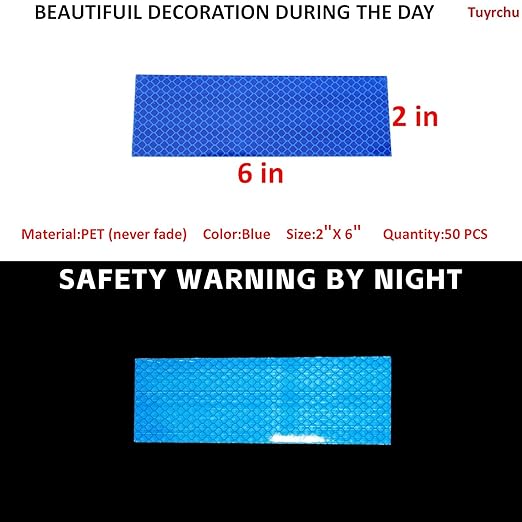 Non Fading Blue Reflective Stickers 2 inch X 6 inch, Outdoor Waterproof High Visibility Warning Safety Adhesive Reflector Tape (50 Pcs)