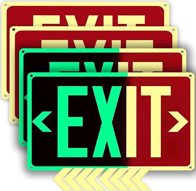 4Pack Photoluminescent Exit Sign Red, 14"x 10" Aluminum Glow In The Dark Exit Signs with Strong Adhesive Backing and 8pcs Removable Directional Arrows Glow In The Dark,Easy to install