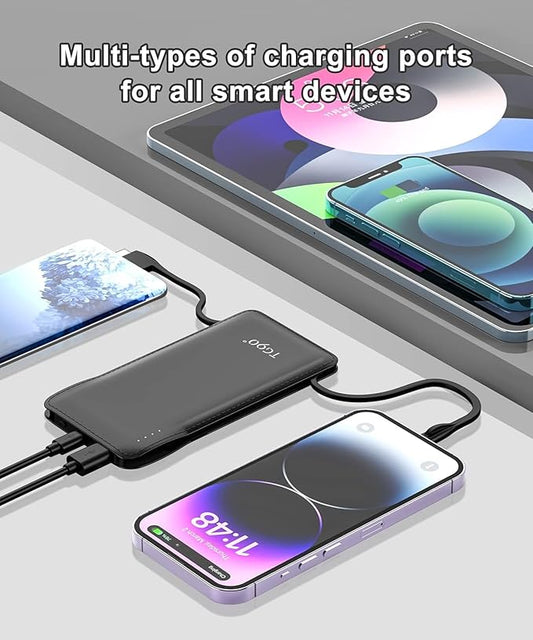 TG90° 2 Pack Slim Portable Charger with Built in Cables,10000mAh Power Bank Travel Charger Cell Phone External Battery Pack,4 Output Portable Bank Compatible with iPhone Android Phone