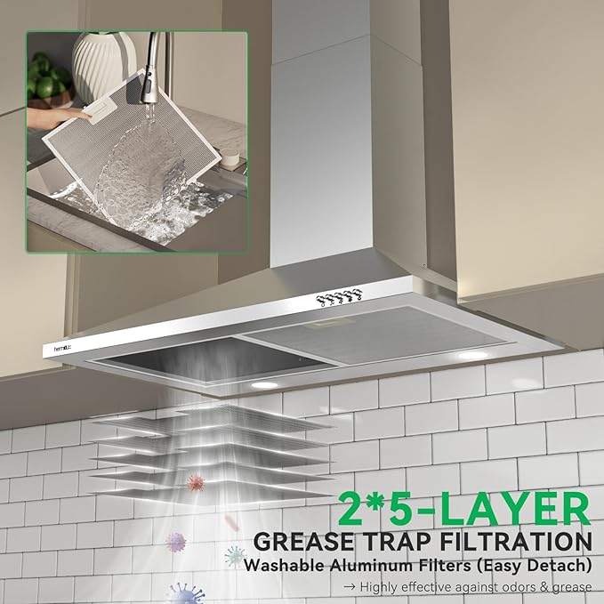 Hermitlux Range Hood 30 inch, Stainless Steel Wall Mount Vent Hoods for Kitchen with Charcoal Filter, Ducted/Ductless Convertible, 3 Speed Exhaust Fan, LED Light, Button Control