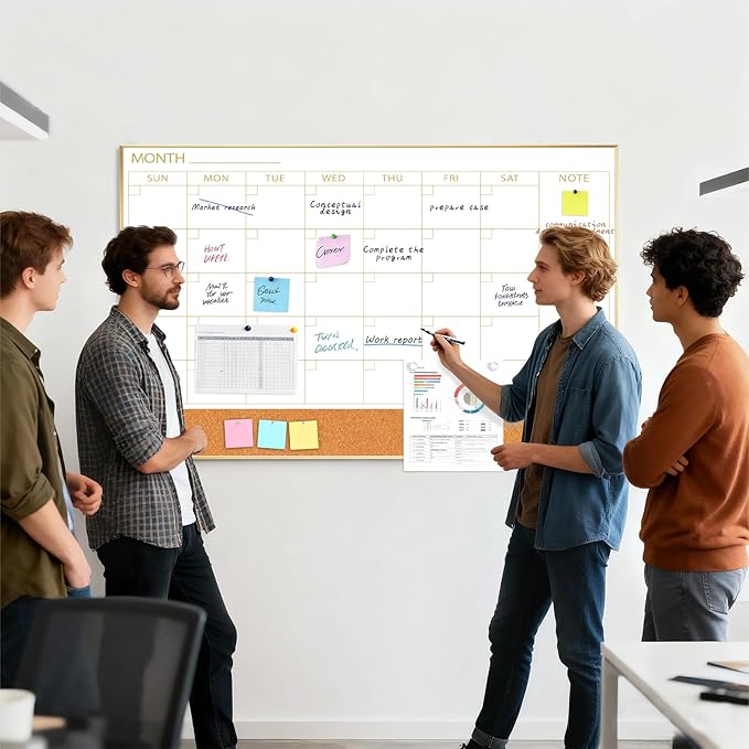 ARCOBIS Large Dry Erase Calendar with Cork for Wall, 48"x 30" Magnetic Calendar Whiteboard with Gold Frame, Monthly Combination Board for School, Home, Office