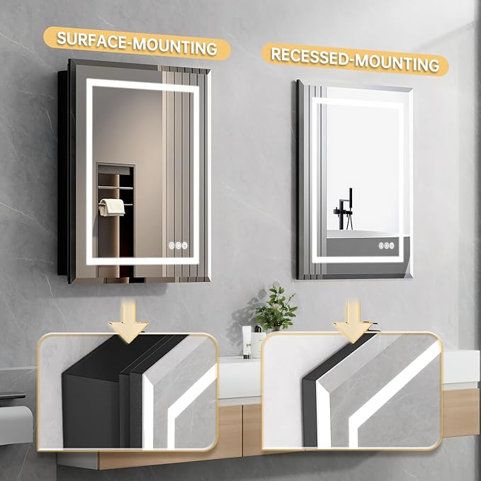 24"X30" Bathroom Medicine Cabinet with Mirror, LED Lighted Medicine Cabinet with Anti-Fog, 3 Colors Temperature Stepless Dimmable, Metal Cabinet for Storage and Mordern Decor, Black