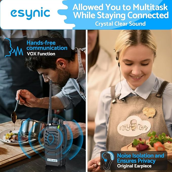 eSynic 2 Pack Walkie Talkies 5KM Long Range Walky Talky 16CH Rechargeable VOX 2 Way Radios with 2 Headsets & Belt Clips Wonderful Gifts for Kids & Adults for Camping, Hiking, Job Site & Family Use
