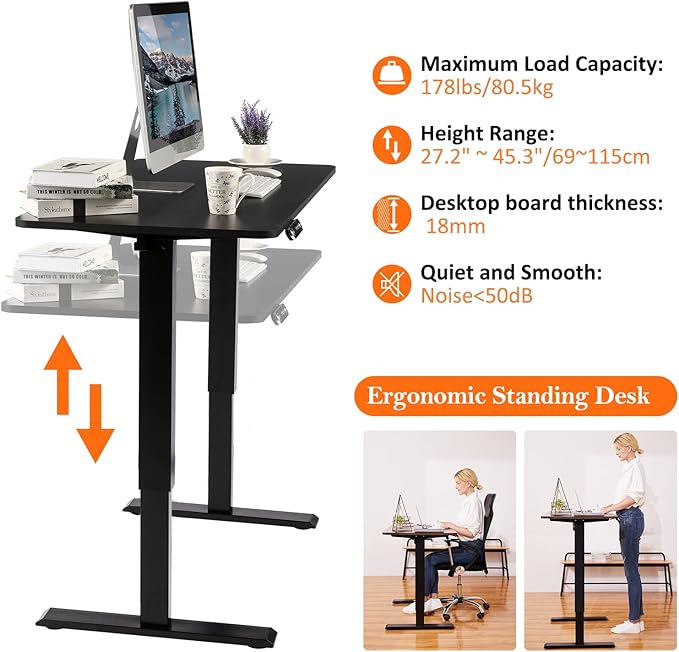 Electric Adjustable Height Standing Desk, 48×24 Inches Sit Stand Desk with Power Socket, 2 USB Ports, 3 Power Outlets, 4 Wheels,4 Memory Buttons Home Office Computer Workstations(Black)