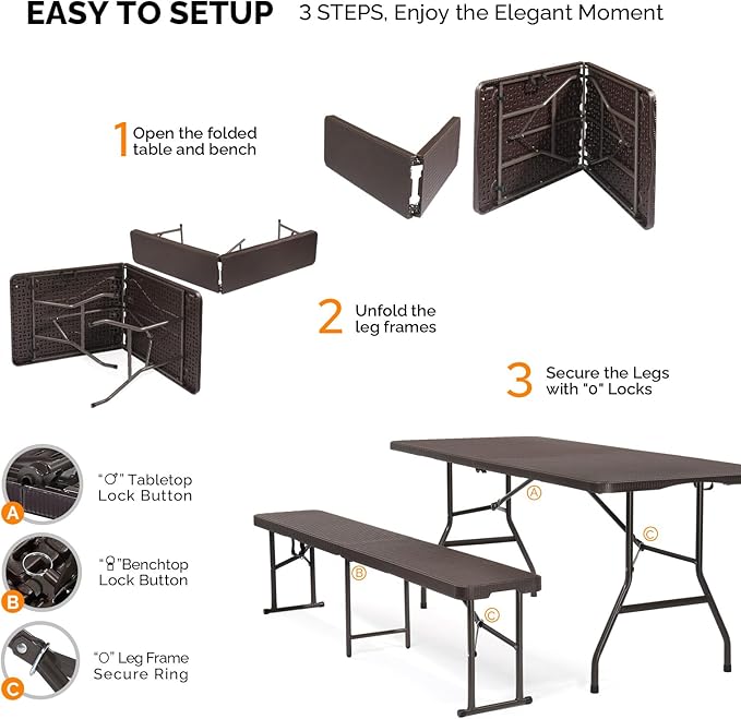 VINGLI Picnic Table Set with 2 Benches, 6 Feet Camping Table Chair Set, 3-Piece Folding Furniture for Indoor or Outdoor Use, Rattan Patterned Tabletop, Brown