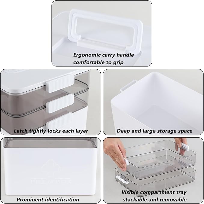 Begale Large Medicine Storage Box, 3-Tier Portable Medicine Cabinet Organizer, Plastic First Aid Box with Handle, White