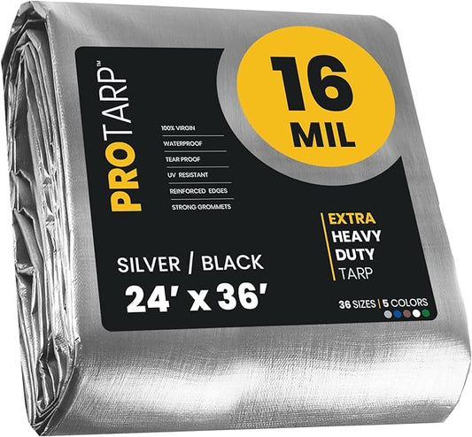 PROTARP Extra Heavy Duty 16 Mil Tarp Cover, Waterproof, UV Resistant, Rip and Tear Proof, Poly Tarpaulin with Reinforced Edges for Roof, Camping, Patio, Pool, Boat. (Silver/Black 24′ X 36′)