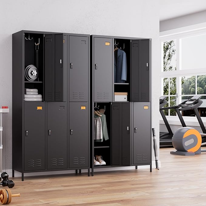 Metal Lockers for Employees with Combination Lock, 6 Doors Storage Locker with 6 Shelves, 18 Hooks and Card Slot for Office Gym School Bedroom, Assembly Required, Black
