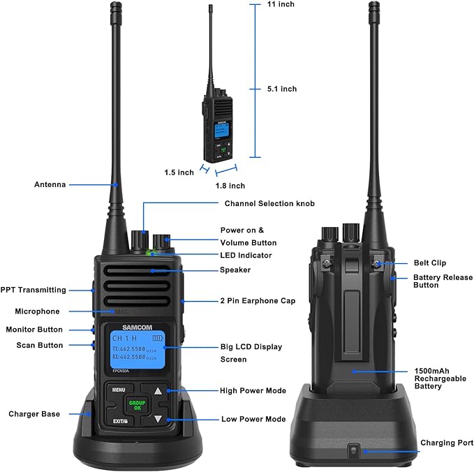 SAMCOM 2 Way Radios Walkie Talkies,Rechargeable Long Range Two Way Radio,5 Watts Programmable Commercial Handheld UHF Radios with 2 Pin Earpiece,1500mAh Battery for School Warehouse Church,19 Packs