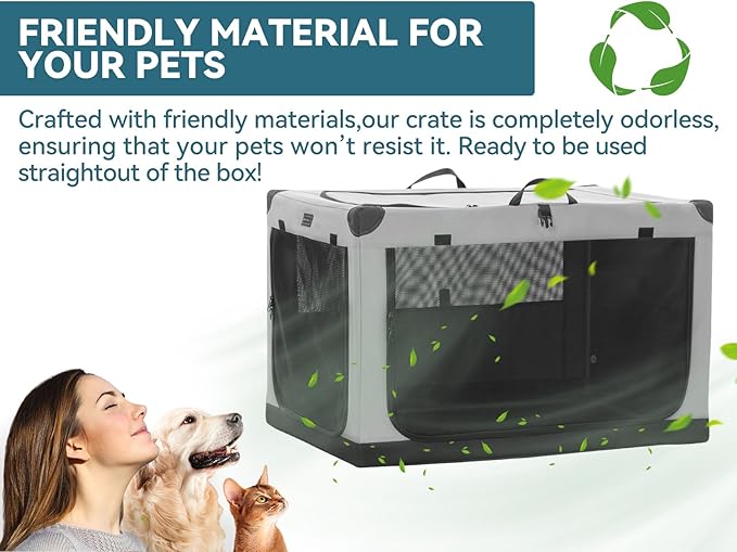 PETSFIT Collapsible Dog Crate, with Patented Adjustable Fabric Cover, Chewproof & Lockable Mesh Doors, Waterproof Base Portable Kennel Grey 30 Inch