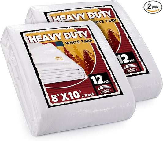 RAINDEWAY 12 Mil Heavy Duty White Tarp 8x10 Feet (2 Pack), UV Resistant, Waterproof, Weatherproof Poly Tarp with Metal Grommets and Reinforced Edges