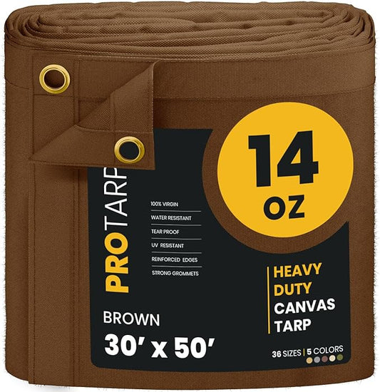 PROTARP Heavy Duty 14 OZ Water Resistant Canvas Tarp, UV Resistant Tarpaulin Cover with Rustproof Brass Grommets, Multipurpose for Canopy, Roof, Camping, Woodpile (Brown 30'X50')