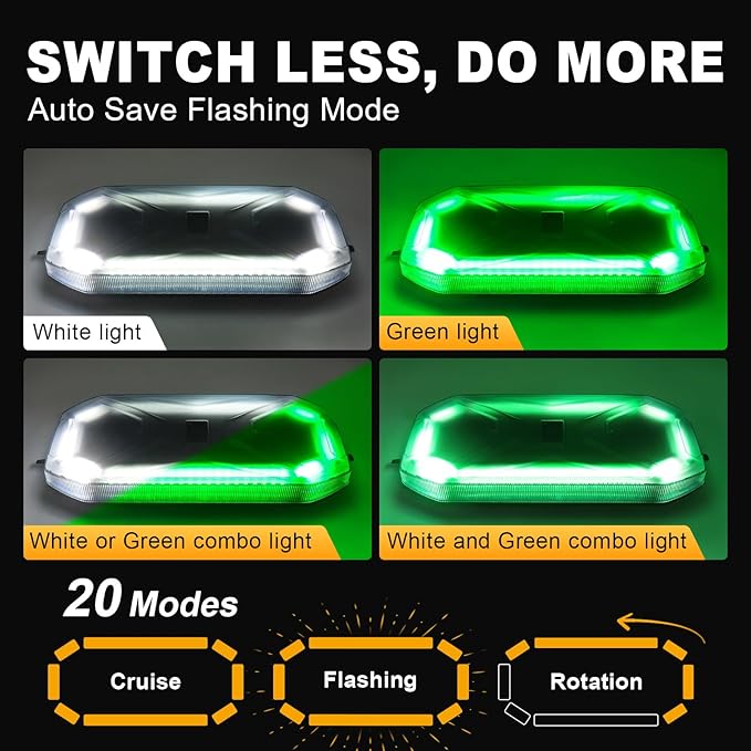 Agrieyes Magnetic Strobe Light for Trucks, 68 LED Amber Emergency Light Bar for Vehicles, Smoked LENS Beacon Flashing Warning Security Caution for Plow Snow Trailer Safety Waterproof White Green