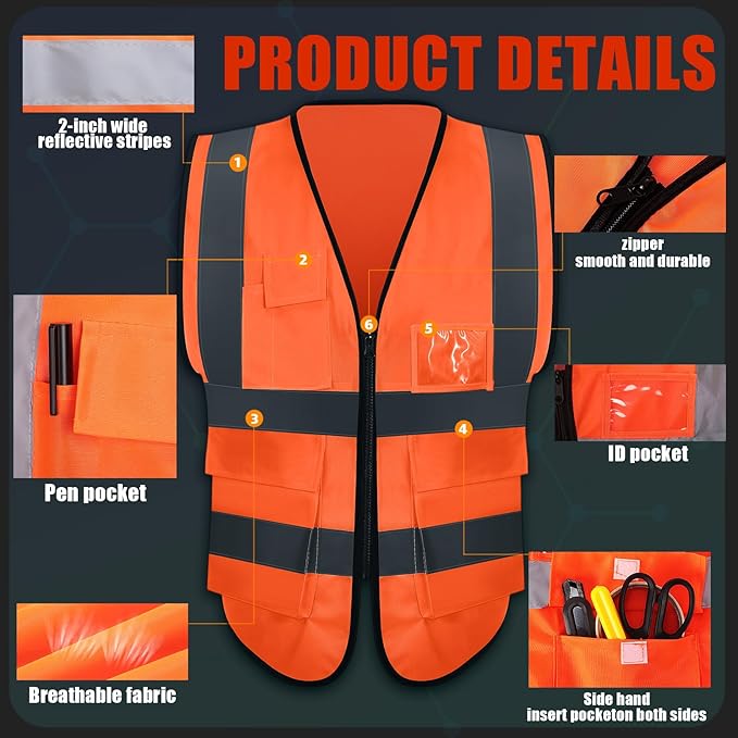 JaGely 15 Pack Reflective Safety Vests with Pockets and Zipper Construction Work High Visibility Vest for Men Women(Large,Orange Red)